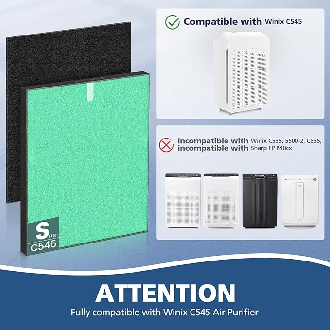 2 Pack C545 HEPA Pollen Replacement Filter S Compatible with Winix C545 Air Purifier, Replaces Part 1712-0096-00 and 2522-0058-00, 2 HEPA Filter + 8 Activated Carbon Filters, Green