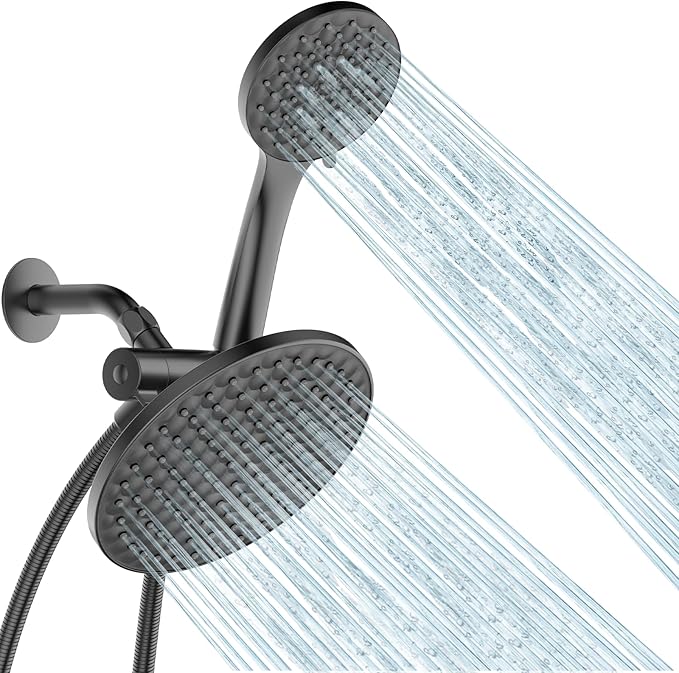 8.6 inch High Pressure 3-Way Shower Heads Combo, Pulsating Rainfall Shower Head, 6-Settings Dual Shower Head with Handheld Hose 6ft Black
