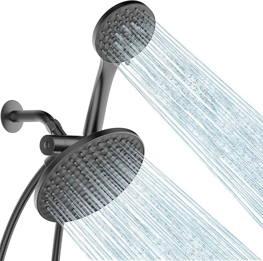 8.6 inch High Pressure 3-Way Shower Heads Combo, Pulsating Rainfall Shower Head, 6-Settings Dual Shower Head with Handheld Hose 6ft Black