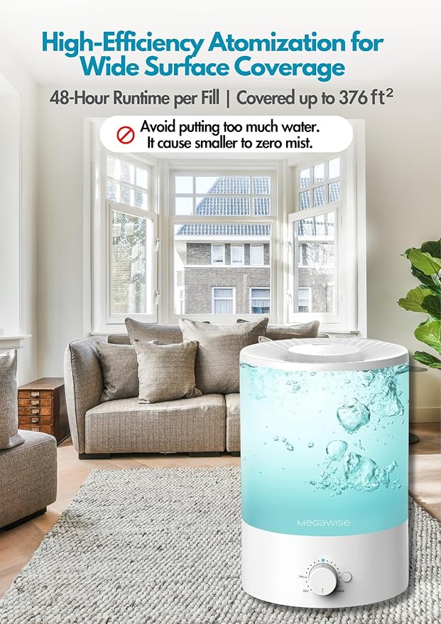 MegaWise 3.5L Cool Mist Humidifier – Whisper-Quiet Ultrasonic Vaporizer for Baby Nursery, Bedroom & Office | Top-Fill Design, Essential Oil Diffuser, Easy to Clean, 7-Color Night Light, Auto Shut-Off