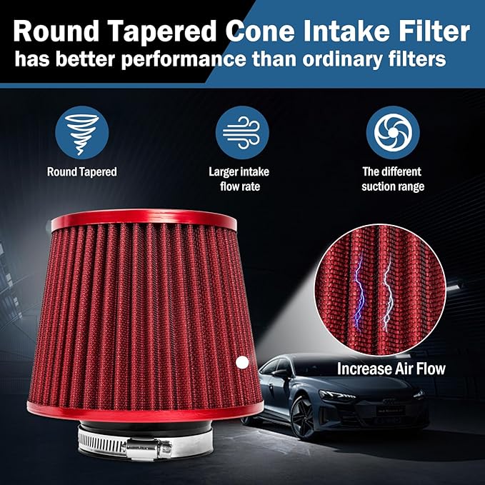Universal Clamp-On Air Intake Filter, High Performance, Washable Filter, Replacement Air Filter, Flange Diameter 3inch/76mm (Red)