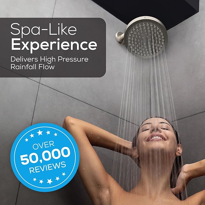 SparkPod Shower Head - High Pressure Rain - Premium Quality Luxury Design - 1-Min Install - Easy Clean Adjustable Replacement for Your Bathroom Shower Heads (Elegant Brushed Nickel, 6 Inch Round)