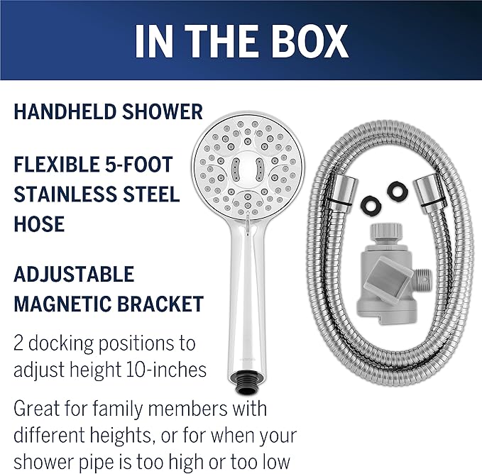 Waterpik Magnetic Dual Dock Adjustable Height Hand Held Shower Head With 5-Foot Metal Hose and PowerPulse Shower Massage, Chrome QMK-753ME