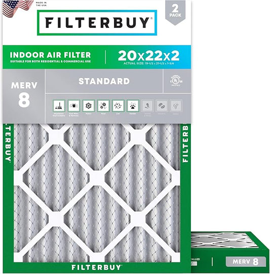 Filterbuy 20x22x2 Air Filter MERV 8 (MPR 700) Dust Defense Replacement (2-Pack), Electrostatic Pleated HVAC AC Furnace Filters, Made in USA (Actual Size: 19.50 x 21.50 x 1.75)