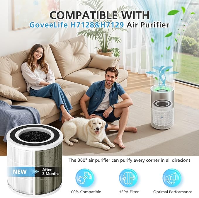 2 Pack H7129/H7128 Replacement Filter for GoveeLife H7129, H7128 Air Purifiers, 3-in-1 HEPA Air Filter for H7129/H7128 Air Purifier for for Homes(Include 4pcs Pre-Filter)