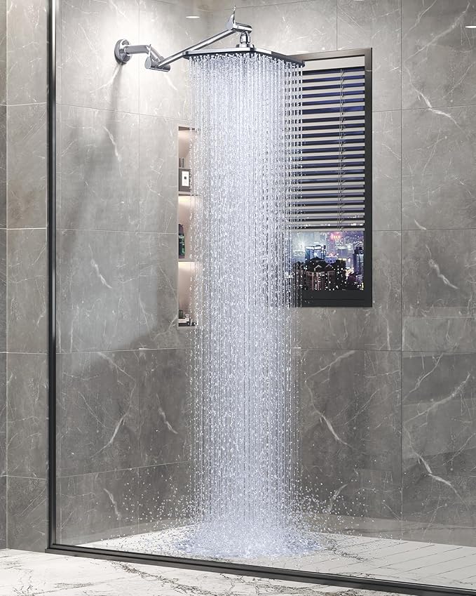 Veken 11.8" Rain Shower Head, Rectangular Rainfall Showerhead with 11" Stainless Steel Exension Arm, Height & Angle Decor Adjustable, High Pressure Showheads, Bathroom Accessories, 2.5GPM Chrome