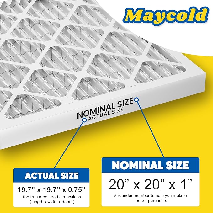 Maycold 20x20x1 MERV 8 Furnace Air Filters (6-Pack), Pleated HVAC AC Filter for Home or Office – Traps Dust, Lint & Pet Hair, Actual Size 19.70 x 19.70 x 0.75，Individually Wrapped in Plastic