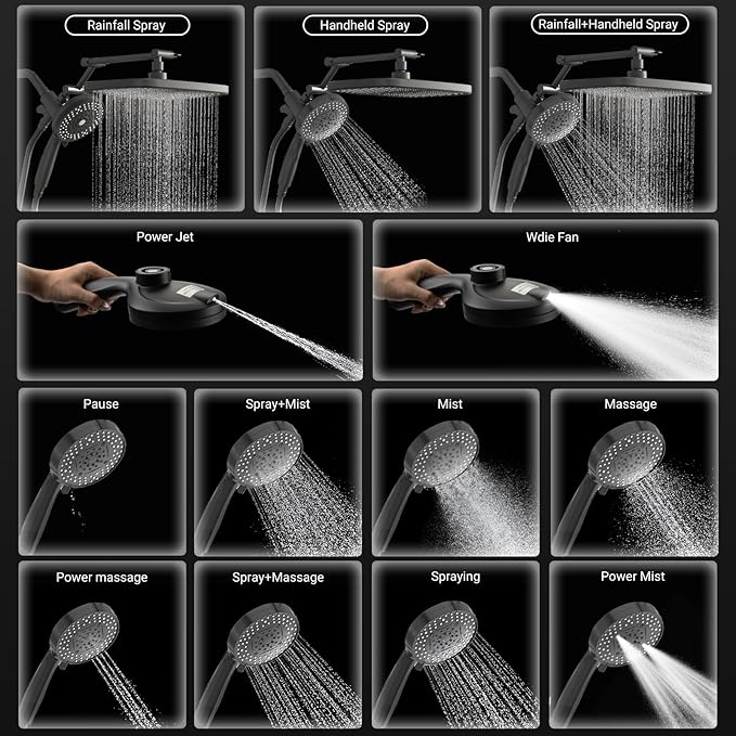 High Pressure Rain Shower Head with Handheld Spray Combo,10 Sprays Handheld Shower Head, Detachable Shower head Built-in Magnetic Docking and Power Jets (Black)