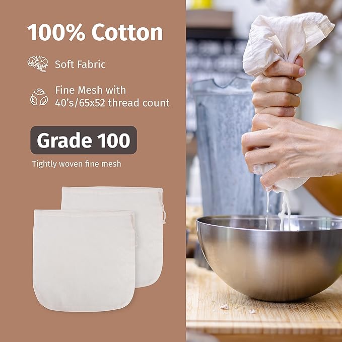 2 Pieces Reusable Grade 100 Nut Milk Bags for Straining, Unbleached Cloth Bag for Juicing Almond Oats NutMilk, Use as Strainer Filter Gardening, Size 12 x 12 Inch, Vacuum Packaging