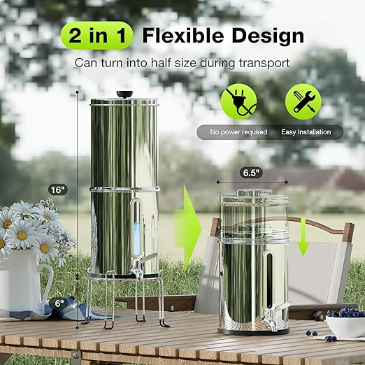 Purewell 1.0 Gallon Portable Gravity Water Filter System, 4-Stage 0.01μm Ultra-Filtration Countertop System with Water Level Window and Stand, Reduce Fluoride & Chlorine, for Camping, RVing (PW-1G-KF)