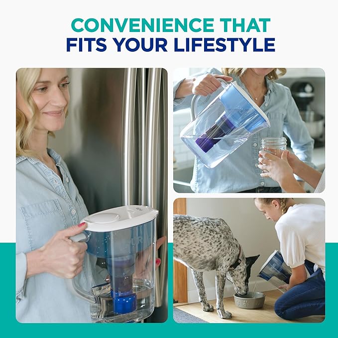 PUR Plus 7-Cup Water Pitcher, 1 Lead-Reducing Filter, Cleaner, Great-tasting Water, Dishwasher Safe, Powerful Filtration, Filter Change Light Indicator, LockFit Cap Design - White