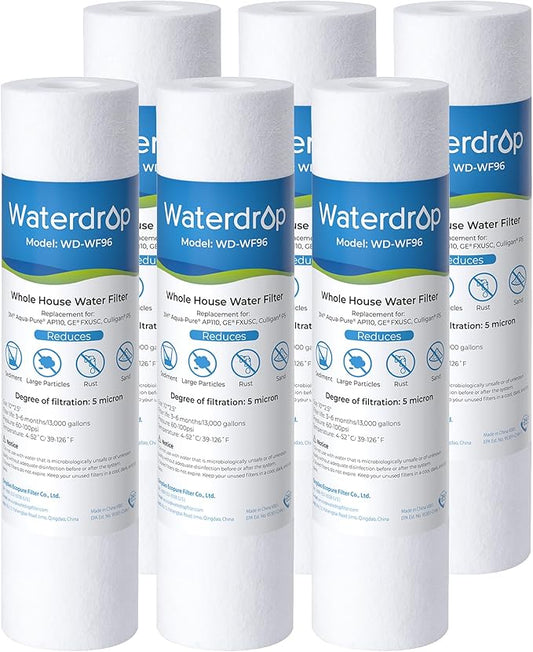 Waterdrop 5 Micron 10" x 2.5" Whole House Water Filter Replacement Cartridge, Sediment Water Filter Replacement for Any 10 inch RO Unit, Aqua-Pure® AP110, Culligan® P5, WHKF-GD05, 6 Pack