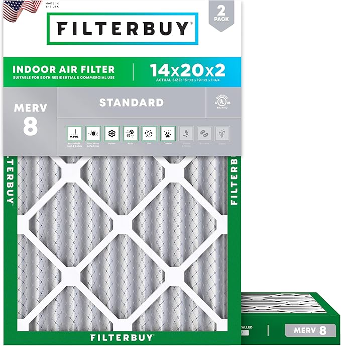Filterbuy 14x20x2 Air Filter MERV 8 (MPR 700) Dust Defense Replacement (2-Pack), Electrostatic Pleated HVAC AC Furnace Filters, Made in USA (Actual Size: 13.50 x 19.50 x 1.75)