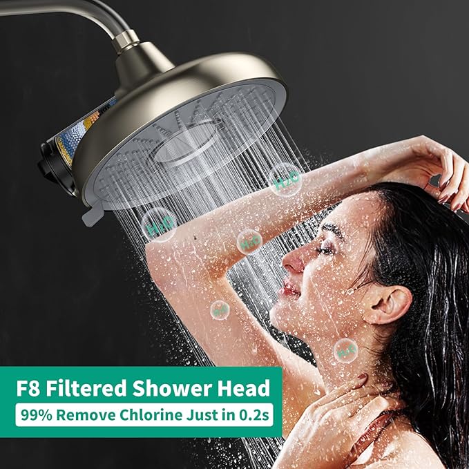 F8 Filtered Shower Head 8 Inch High Pressure 3 Rainfall Spray Modes Shower Head Filter for Hard Water, 99% Remove Chlorine, Harmful Substance, Easily Replace Cartridge, Brushed Nickel