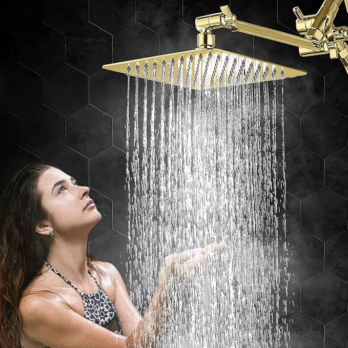 G-Promise All Metal 8 Inch Dual Square Shower Head with Handheld Spray Combo, Rain Shower Head, Adjustable Extension Arm, 3-Way Diverter, 71 Inch Extra Long Hose - A Bathroom Upgrade (Polished Brass)