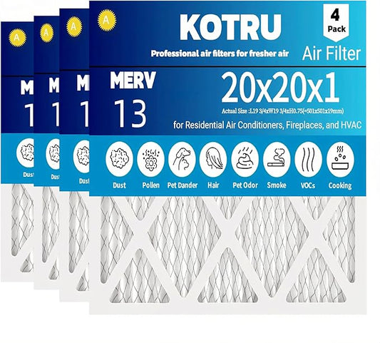 20x20x1 Air Filter MERV 13 (4-Pack) Electrostatic Pleated HVAC Heater Filter Effectively Filters Dust, Pollen, Pet Dander (Actual Size: 19.5x19.5x0.75 inches)