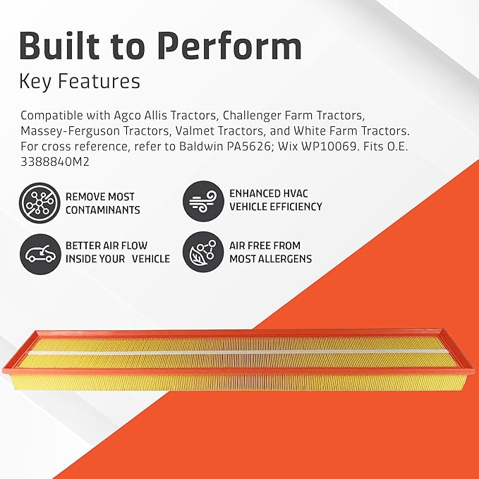 Cabin Filter - Pack 1 - Compatible with Agco Allis Tractors, Challenger Farm Tractors, Massey-Ferguson Tractors - Cabin Air Filter Replacement – Replaces O.E. 3388840M2; Baldwin PA5626; Wix WP10069