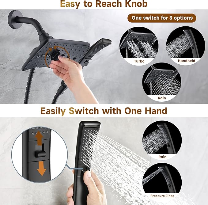 BRIGHT SHOWERS High Pressure Dual Shower Head Combo with Rainfall & Handheld, 4 Spray Settings, Tool-Free Installation, 60" Stainless Steel Hose, Matte Black