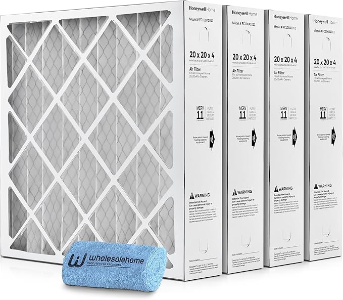 Honeywell 20x20x4 Air Filter Replacement MERV 11, FC100A1011 Pleated HVAC AC Furnace Filters with Wholesalehome Cleaning Cloth, 4-Pack (Actual Size: 19.94 x 19.75 x 4.38 Inches)