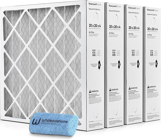 Honeywell 20x20x4 Air Filter Replacement MERV 11, FC100A1011 Pleated HVAC AC Furnace Filters with Wholesalehome Cleaning Cloth, 4-Pack (Actual Size: 19.94 x 19.75 x 4.38 Inches)