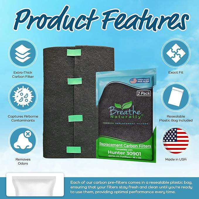 Breathe Naturally Replacement Carbon Pre-Filters Compatible with Hunter 30901, HEPAtech and QuietFlo Air Purifier - Activated Charcoal Filter Sheet - 16" x 30"x 0.2" (Pack of 2, Carbon Prefilters)