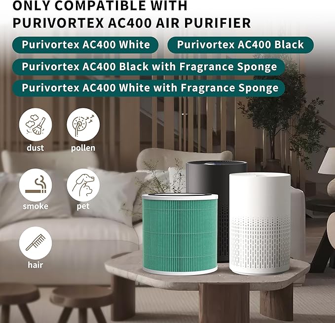 AC400 Replacement Filter Compatible with Purivortex AC400 Air Cleaner Purifier, 3-in-1 Main Filters and Activated Carbon Filter, Green 4 Packs