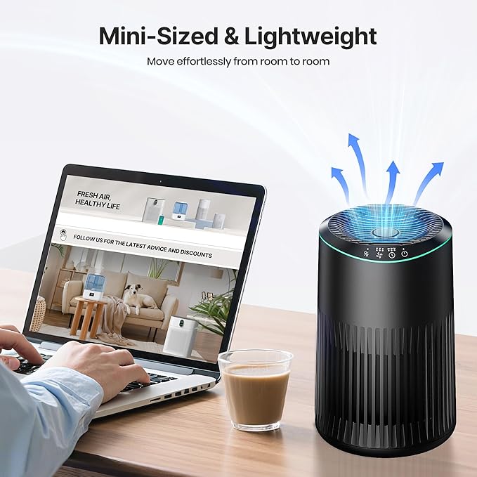 Air Purifiers for Bedroom Home, Air Purifier for Smoke Odors with Fragrance Sponge, Small Air Purifier with Sleep Mode for Bedroom Office, Blue Night Light, Black, 1 Pack+3 Modes