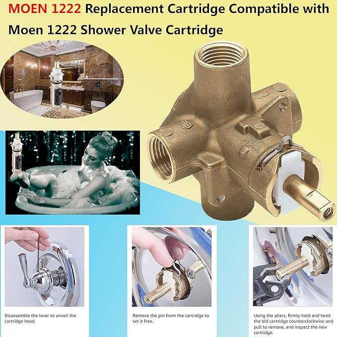 1222 Replacement Cartridge with Moen 104421 Cartridge Puller Removal Tool Retainer Clip Compatible with Moen One-Hanlde Posi Temp 1222B Shower Bathtub Faucet (1222 cartridge +104421 cartridge puller)