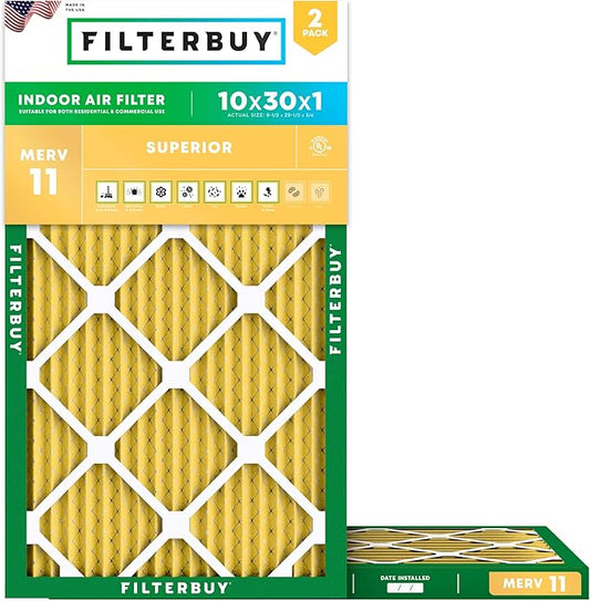 Filterbuy 10x30x1 Air Filter MERV 11 (MPR 1200) Allergen Defense Replacement (2-Pack), Electrostatic Pleated HVAC AC Furnace Filters, Made in USA (Actual Size: 9.50 x 29.50 x 0.75)