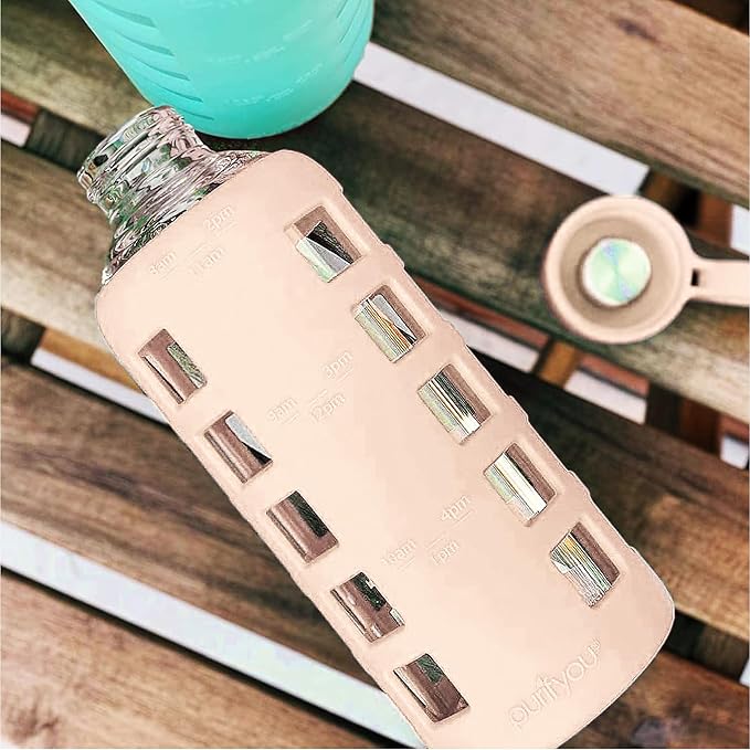 purifyou 40oz / 32oz / 22oz / 12oz Borosilicate Glass Water Bottle with Time & Volume Markers, Silicone Sleeve, Stainless Steel Lid | Reusable Glass Bottle for Water & Juice (22oz Hazelnut)