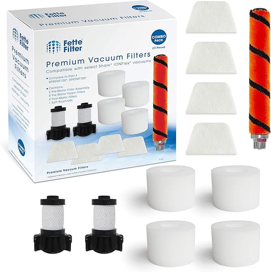 Fette Filter -Replacement Kit Compatible with Select Shark ION Flex DuoClean (Combo Pack - 1 Soft Brush Roll, 2 Foam & Felt Filter Kit, 2 Post-Motor Filter)