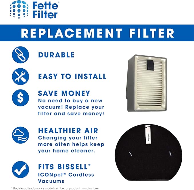 Fette Filter - Filter Set Compatible with Bissell ICON Pet Cordless Stick Vacuums Compare to Part # 1621427 &1621616 & 1621064 & 2792 (2 Pre & 2 Post Motor Filters)