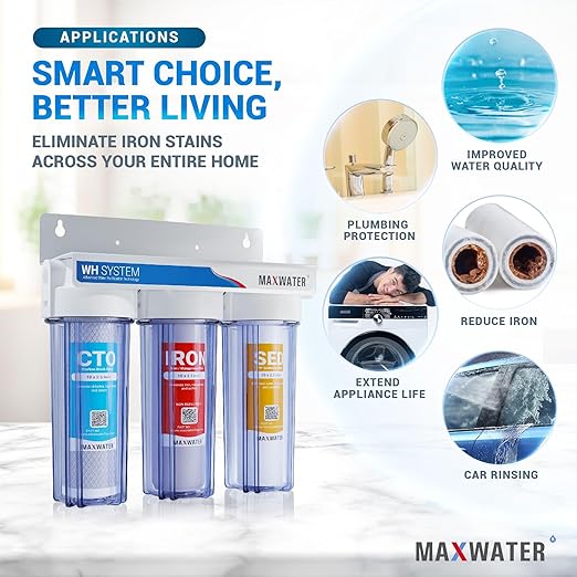 Max Water 3 Stage Water Filtration System for Whole House - Sediment+Iron Manganese+CTO Post Carbon-3/4" Inlet/Outlet-Model : WH-SC9