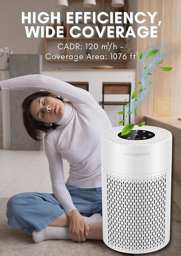 MegaWise Air Purifier EPI-235A (2024) - HEPA Filter, 3-Stage Filtration, Ultra-Quiet Operation, Adjustable Fan Speed, and Night Light (White)