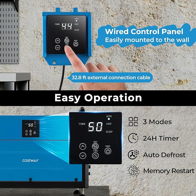 COSTWAY 192 PPD Commercial Dehumidifier, 2600 Sq.Ft Crawl Space Dehumidifier with 9.8 FT Drain Hose & Wired Remote Control Panel, Ideal for Basement, Warehouse, Job Site (Blue)