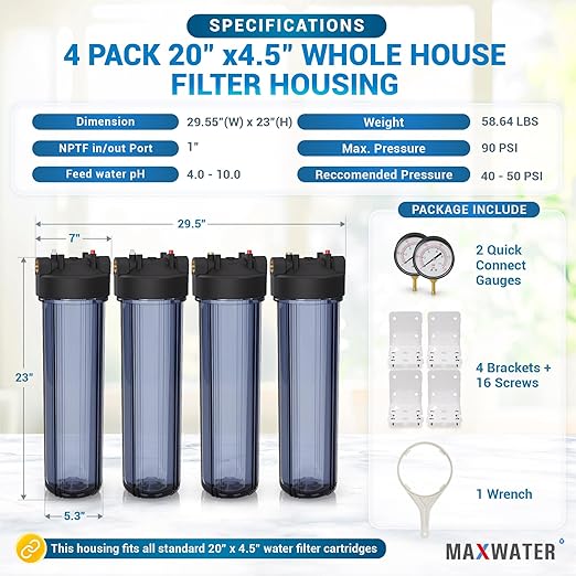 Max Water Whole House 20" x4.5" Purple Clear WH Water Filter Housing 1 inch Inlet/Outlet Ports with Pressure Gauge Wrench and Bracket (4 Housing + 2 Pressure Gauge)