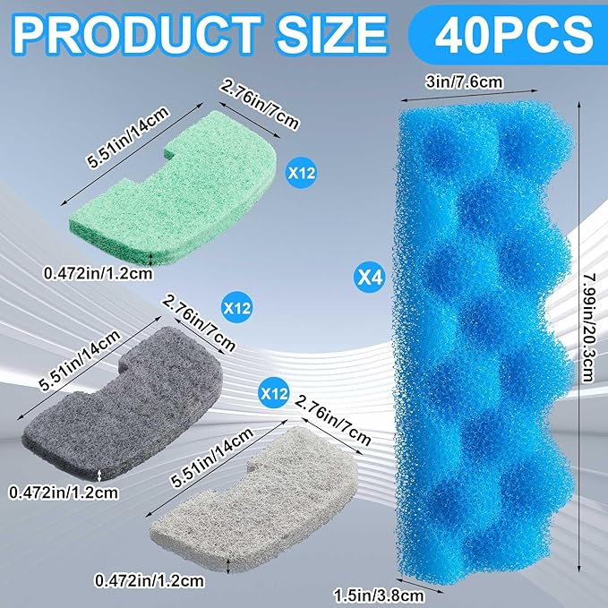 40 Pcs Replacement Filter Media Kit Compatible with Fluval 206/207, Aquarium Filters Set Including 4 Biological Foams, 36 Ammonia/Phosphate/Nitrite Remover