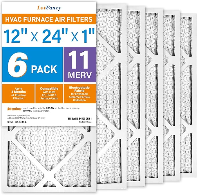 LotFancy 12x24x1 Air Filter MERV 11 Pet Smoke Allergens Defense (6-Pack) Pleated HVAC Furnace Air Filters, Replacement for Home AC & Heating Systems, Actual Size: 11.75" x 23.75" x 0.75"