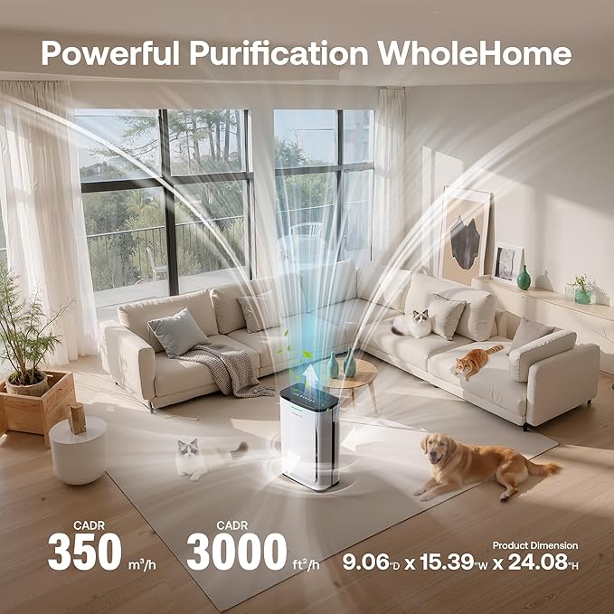 Large Air Purifier for Cat Dog Hair, Pet Air Purifiers for Dorm Room Bedroom Home up to 3000 sq ft, Strong Adsorb Floating Hair, Anion Carbon HEPA 7-Stage Filter, Zero Ozone, Air Cleaner for Pet Odor