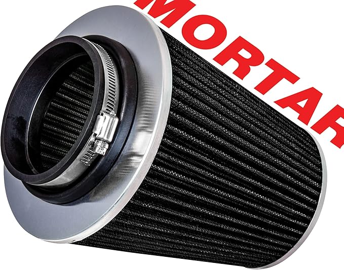Mortar Aftermarket Auto Air Filter - Car Enthusiast Class Universal Cold Air Intake Gulps in More Air for More Engine Power & Passionate Induction Sound, 8-In-Long, Flange ID 4 In, Black