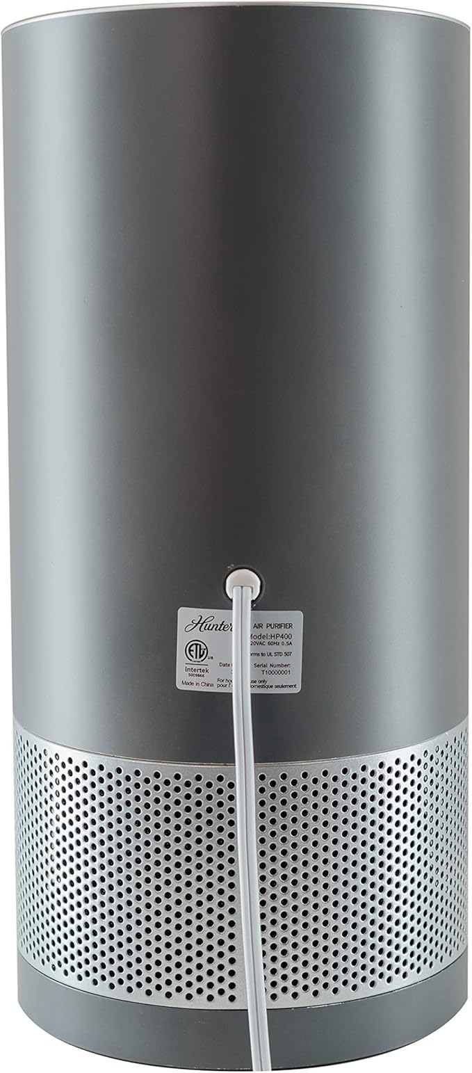 Hunter Fan Company HP400 Round Tower Air Purifier for Small Rooms, Featuring True HEPA Filtration and EcoSilver® Pre-Filter for Allergy and Asthma Relief, Gray and Silver
