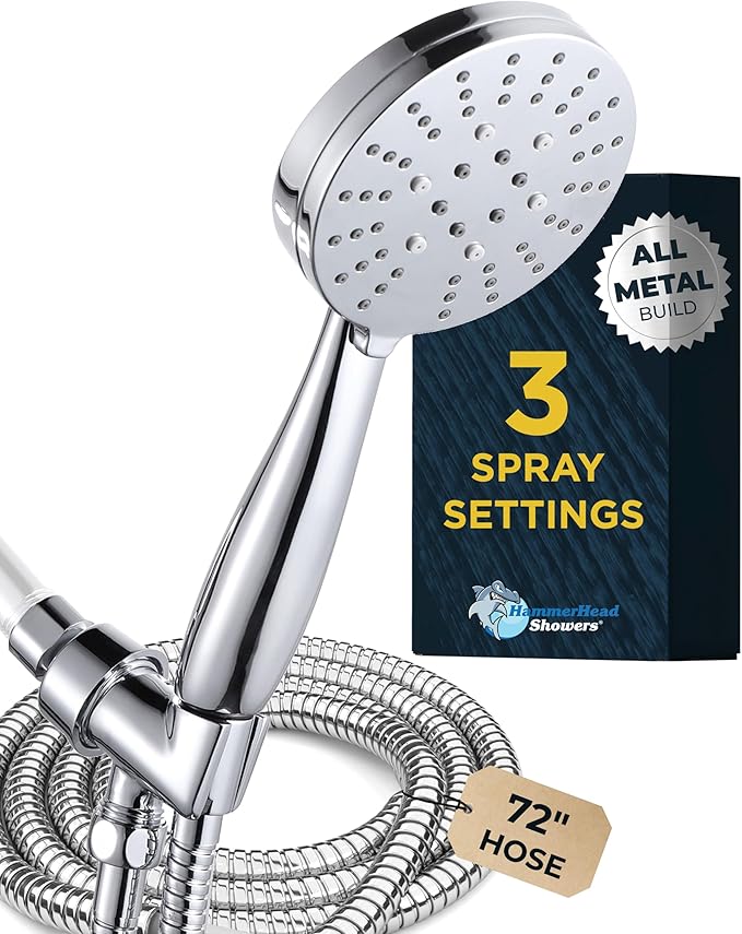 HammerHead Showers® Solid Metal 3-Spray Handheld Shower Head with Long Hose and Holder - CHROME - 2.5 GPM High Pressure Shower Head with Handheld Sprayer - WIDE, MASSAGE, and MIST Sprays