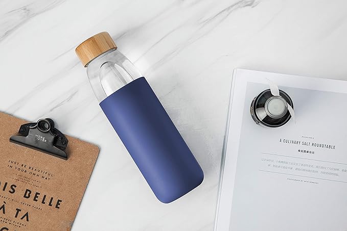 veegoal 25 Oz Borosilicate Glass Water Bottles with Bamboo Lid, BPA-FREE, Non-Slip Silicone Sleeve, and Stainless Steel Leak Proof Lid - Reusable Glass Bottle for Men and Women