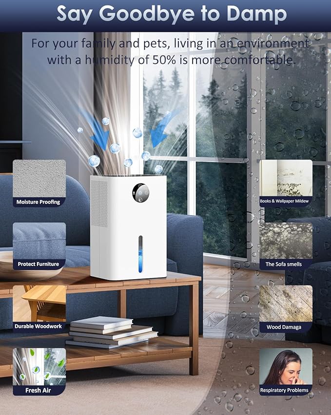 Dehumidifier for Basement, Quiet Dehumidifiers for Home with Auto Shut Off, Auto Defrost, Timer, Sleep Mode, 7 Color Light Portable Small Dehumidifier for Bedroom, Bathroom, Closet, RV - White