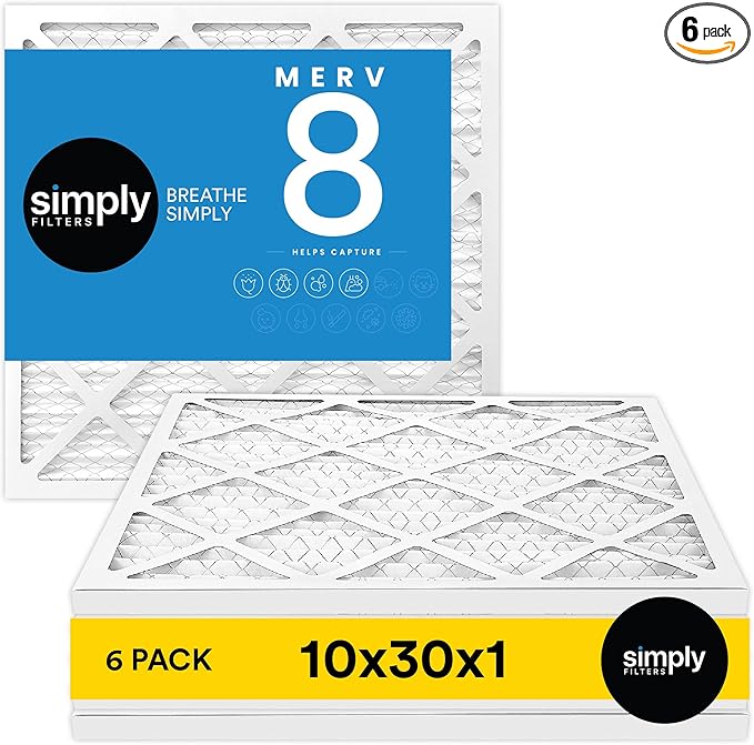 Simply 10x30x1 Air Filter, Merv 8, MPR 600, 6 Pack, For Home AC Furnace & HVAC (Actual Size: 9.75"x29.75"x0.75") DUST, Pet, & Allergy Control