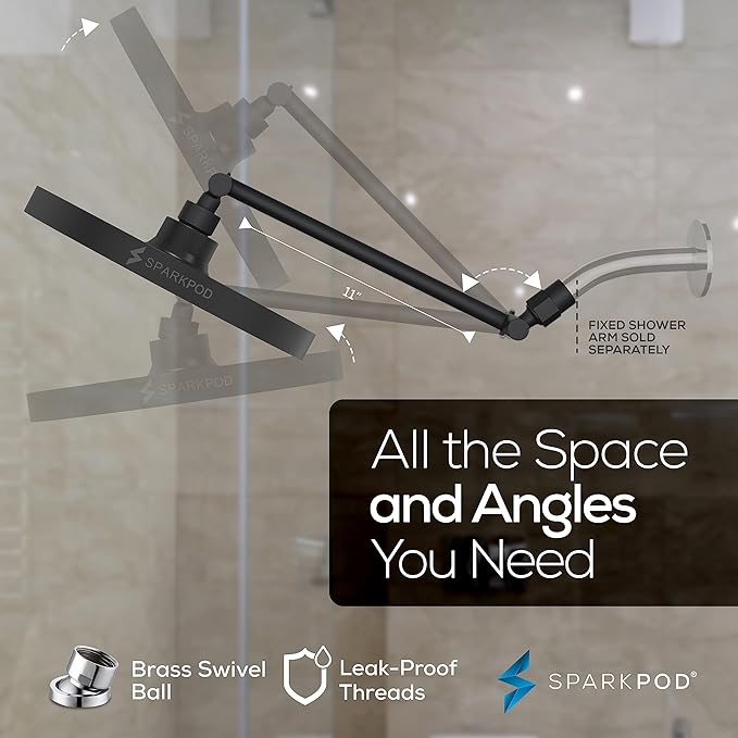 SparkPod Round Rain Shower Head with Shower Head Extension Arm - High Pressure Rain - Luxury Modern Look - No Hassle Tool-less 1-Min Installation (11" Shower Arm Extension, Midnight Black Matte)