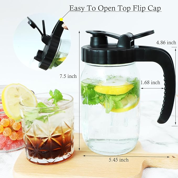 Glass Mason Jars Pitcher 32 Oz Pour Spout Lids & Handle (2 Set) Wide Mouth Airtight Leak Proof Fridge Breast Milk Pitcher With Top Flip Cap 1 Quart Water Jug For Cold Brew Coffee, Iced Tea, Beverage