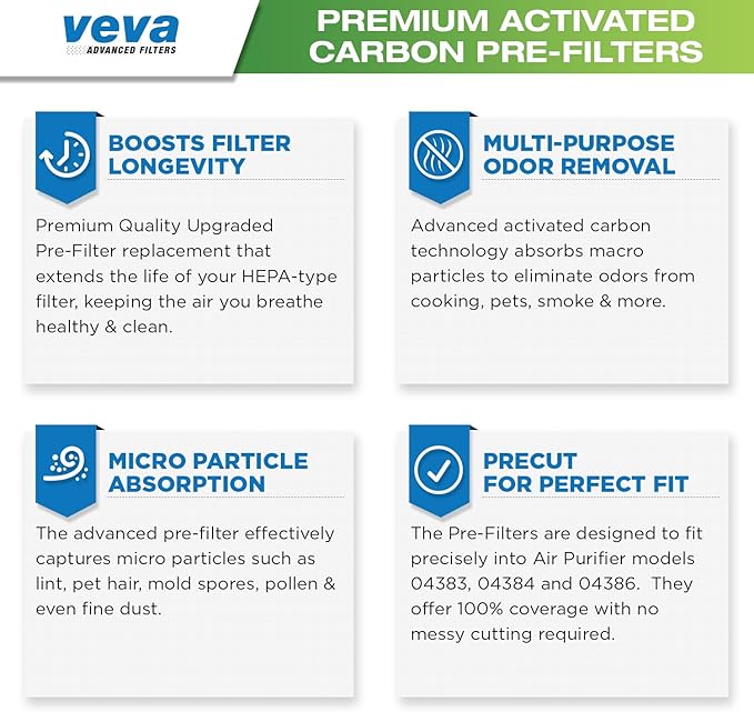 VEVA Pre-Filter Replacement Compatible with Hamilton Beach 04383, 04384, 04386 Air Purifier - 6 Pack - Smoke and Odor Eliminator Carbon Filters