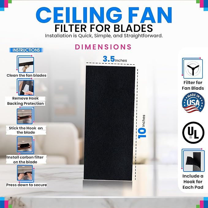 Ceiling Fan Filters for Blades - Coconut Shell Activated Carbon Unscented Dust Catcher Ceiling Fan Filter - Easy Peel & Stick on Fans - Blade Air Purifier Pads Absorbs Odors & Freshens the Air (5-Pcs)