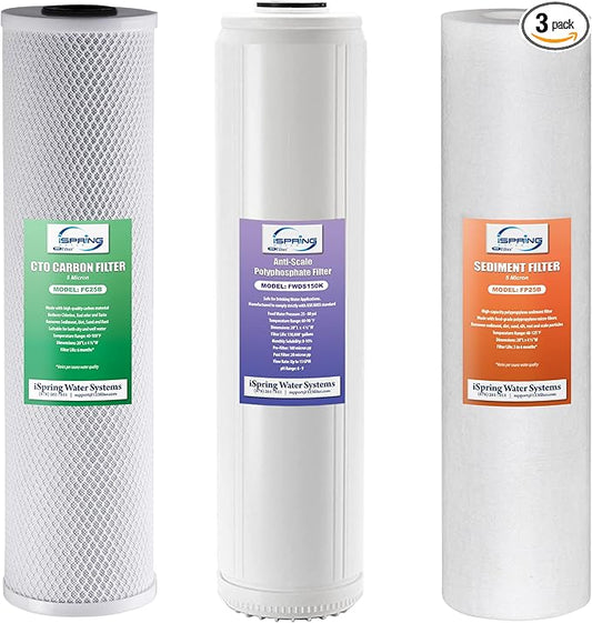 iSpring F3WGB32BDS 4.5” x 20” 3-Stage Whole House Water Filter Replacement Pack with Sediment, Polyphosphate Anti-Scale, and CTO Carbon Block Water Filters, Fits WGB32B-DS
